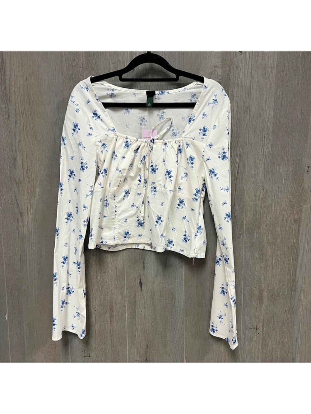 Wild Fable Women's Long Sleeve Tie Front Top with Blue Floral Print, Size Large,